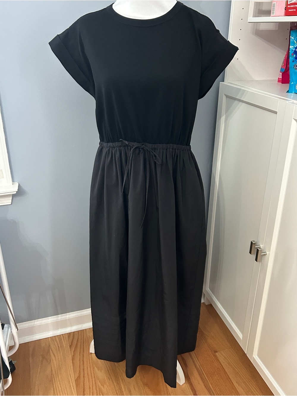La Ligne Black Midi T-Shirt Dress Crew Neck Drawstring Waist Size Large